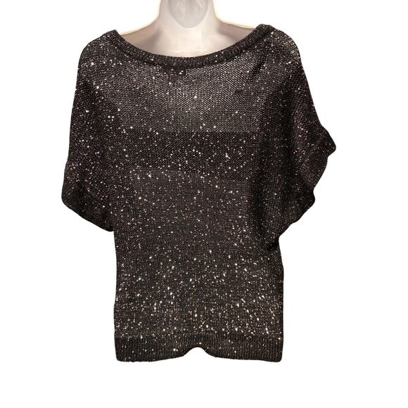Halston Black Sequin Short Sleeve Knit Sweater Top XL - Picture 4 of 6